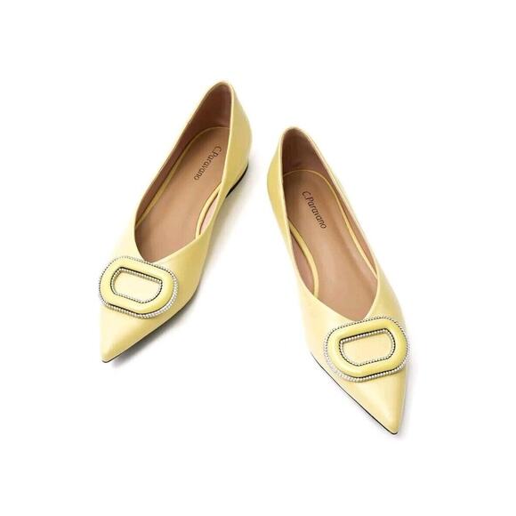 New! C.Paravano Leather Pointed Toe Flats Crystal Buckle Yellow US 8.5 $118 - Picture 2 of 14